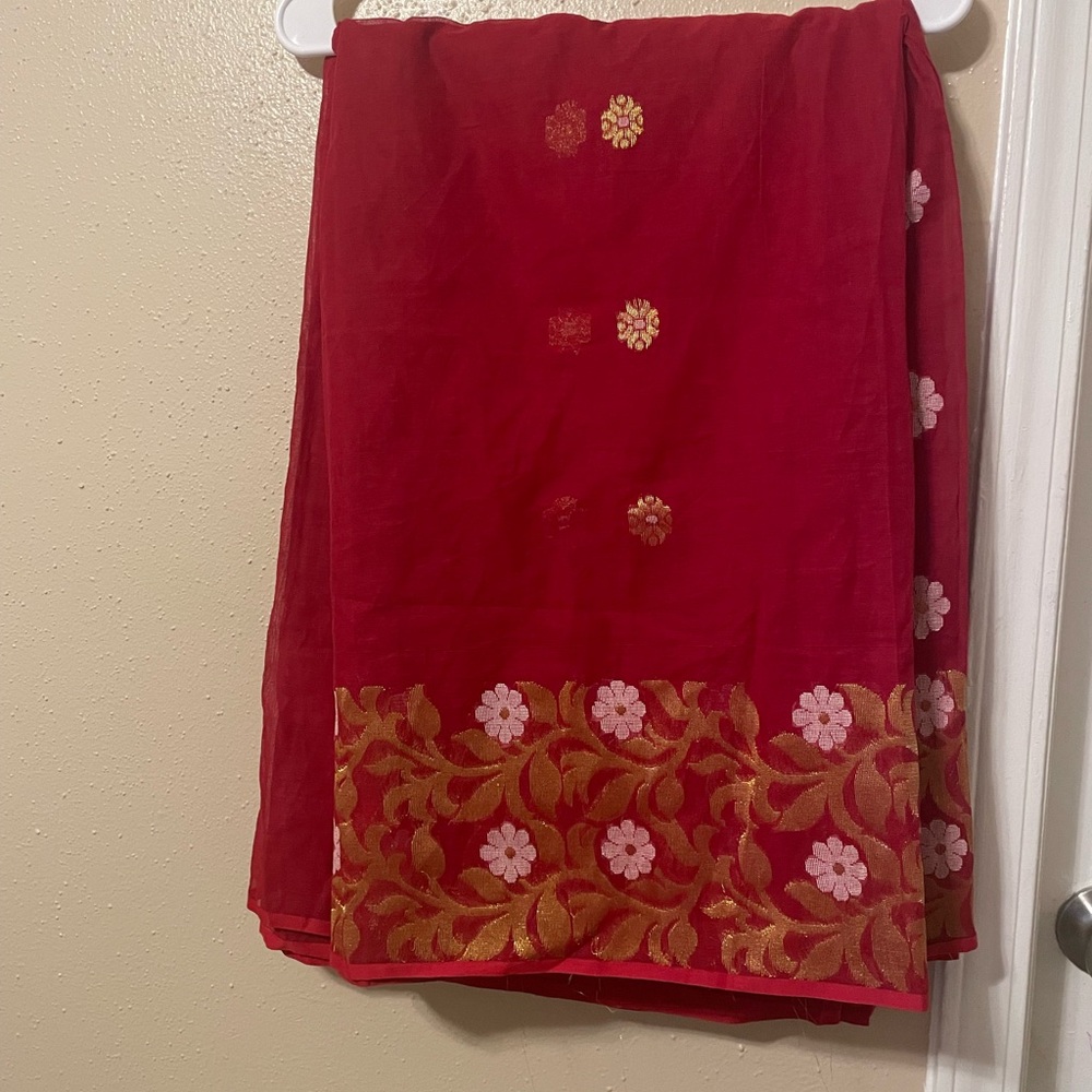 Red and Gold Floral Patterned Saree